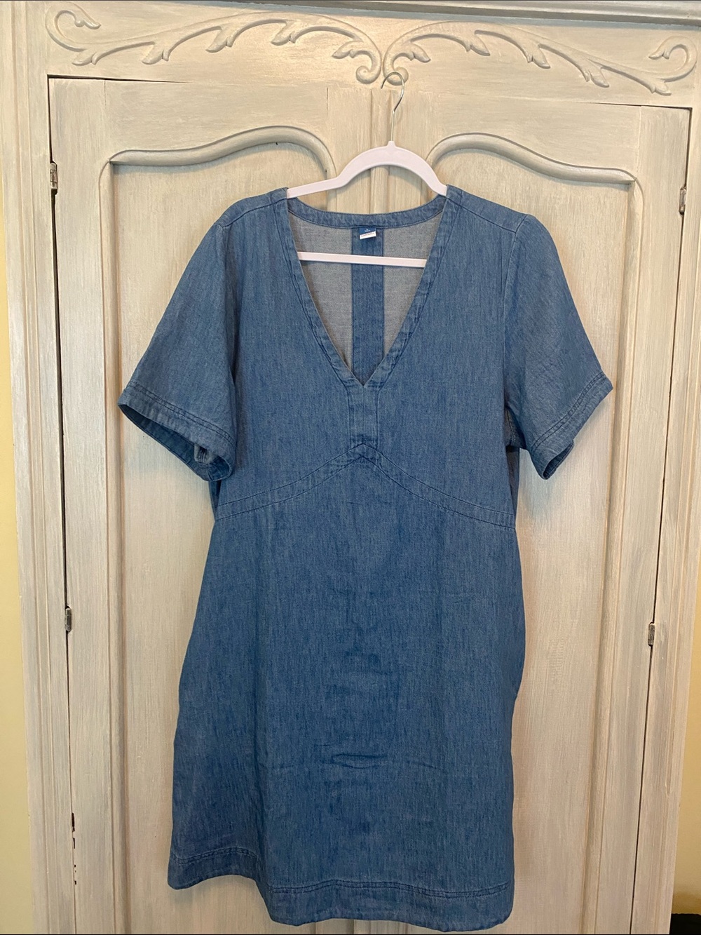 Casual V-Neck Denim Shift Dress - Blue